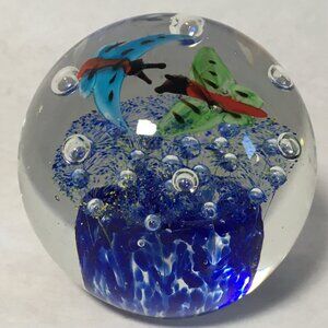 Butterfly Art Glass Paper Weight Murano Style Bubbles, Unsigned